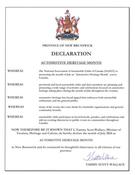 New Brunswick - Automotive Heritage Month Declaration 2024