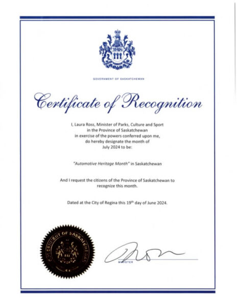 Certificate of Recognition - Automotive Heritage Month 2024 Saskatchewan