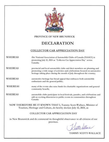 Collector Car Appreciation Day 2024 Declaration New Brunswick