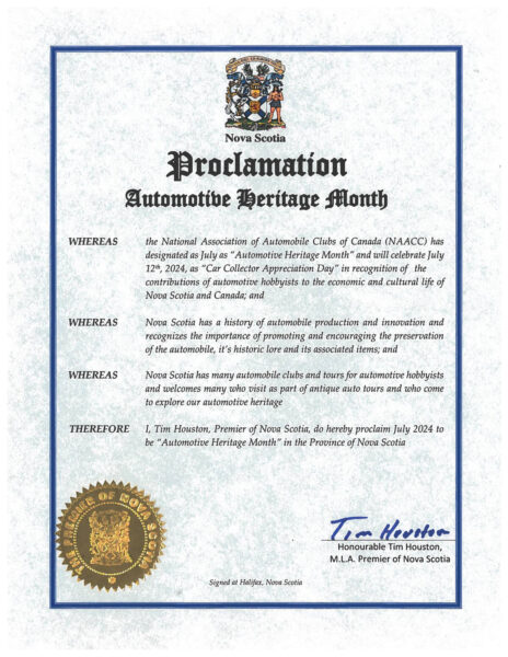 Proclamation 2024 Automotive Heritage Month Nova Scotia