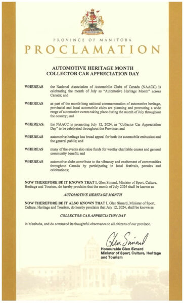 Proclamation - Automotive Heritage Month Collector Car Appreciation Day 2024 Manitoba